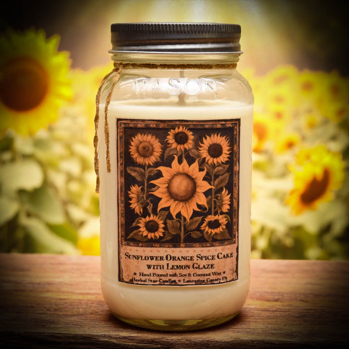 Jar candle with sunflower design label on a wooden surface with sunflowers in the background