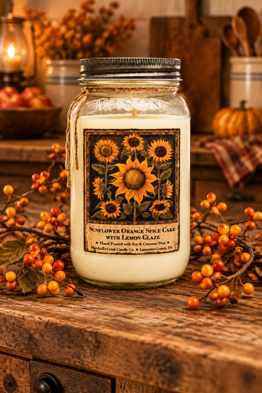 A jar candle labeled 'Sunflower Orange Spice Cake with Lemon Glaze' sits on a rustic wooden table surrounded by orange berries and autumn decor. The candle is in a clear glass jar with a black lid, and the front label features a sunflower illustration.