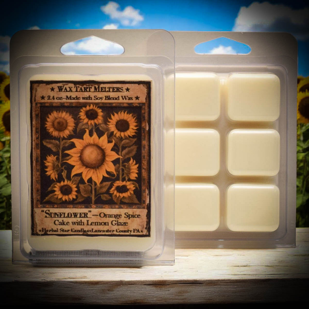 Wax tart melt package with sunflower design and sunflower background