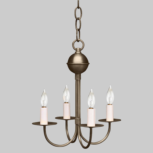 Bronze chandelier with four candle-style lights on a white background