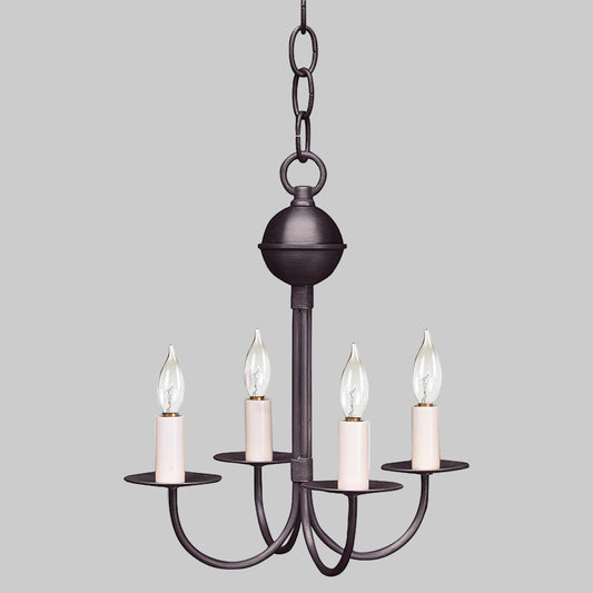 Dark bronze chandelier with four candle-style lights on a white background