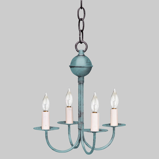 Vintage-style chandelier with four candle-like lights on a white background