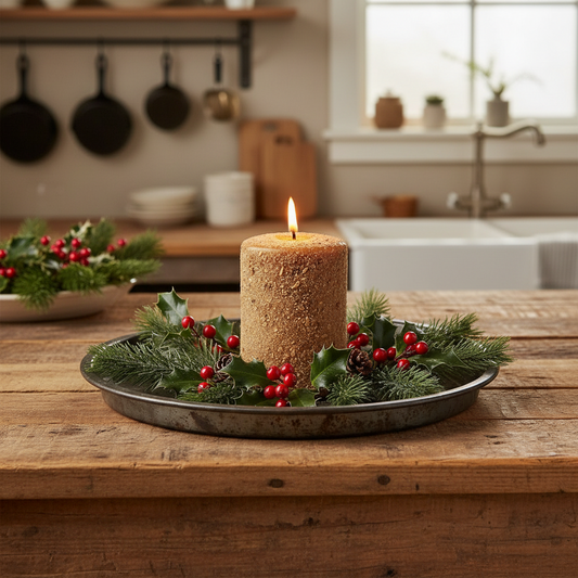 Decorative candle on a metal tray with holly and berries in a kitchen setting
