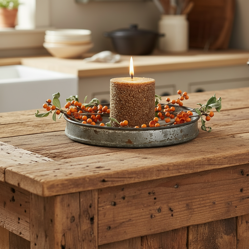 Candle in a metal tray with berries on a wooden table