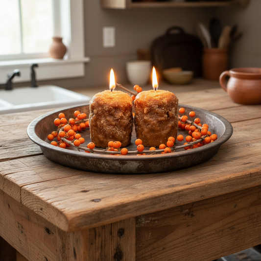 Two lit candles in a rustic setting with berries on a metal tray.