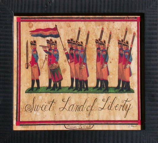 A limited edition fraktur print featuring a historical military scene with the title 'Sweet Land of Liberty'.