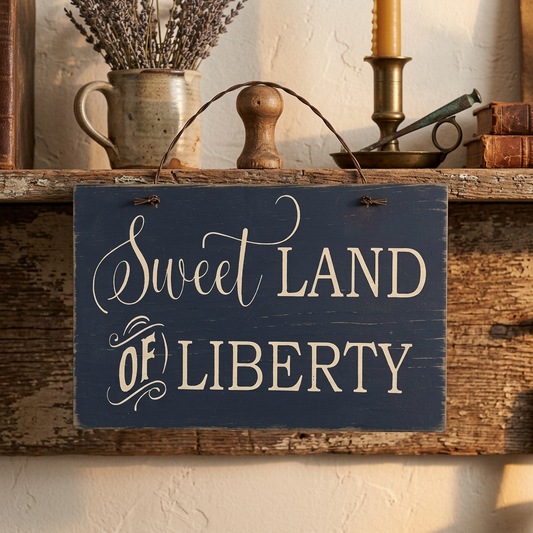 Sweet land of liberty wood sign hanging on peg.