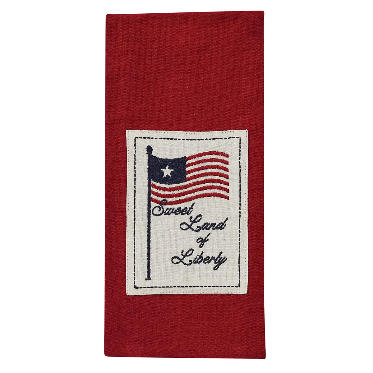 Red fabric with a white label featuring an American flag and text on a white background