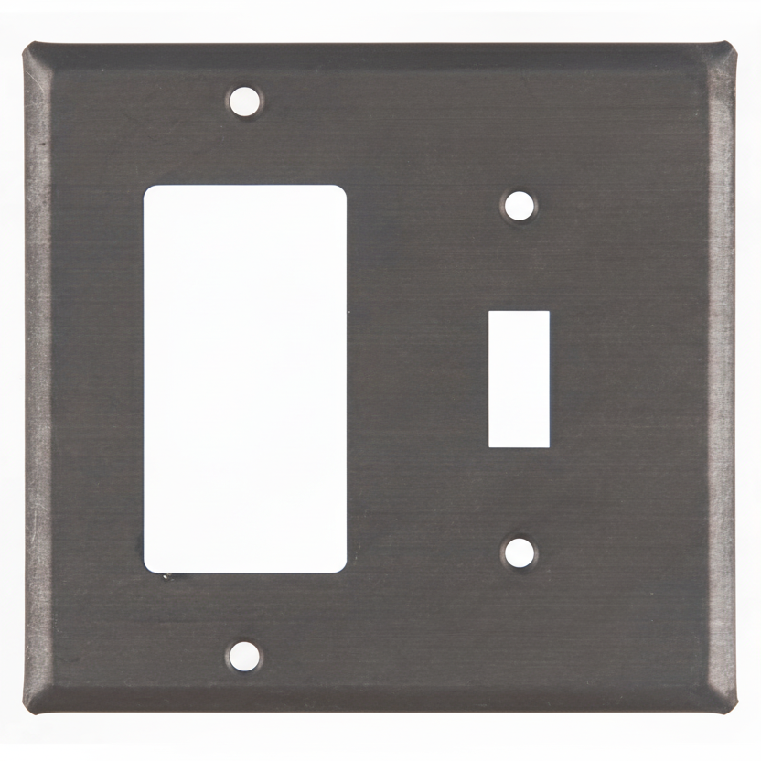 Metallic switch plate with two outlets on a white background