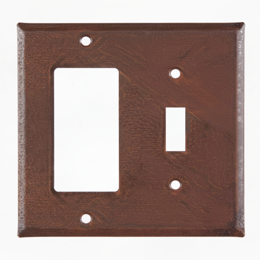 Brown switch plate with two outlets on a white background