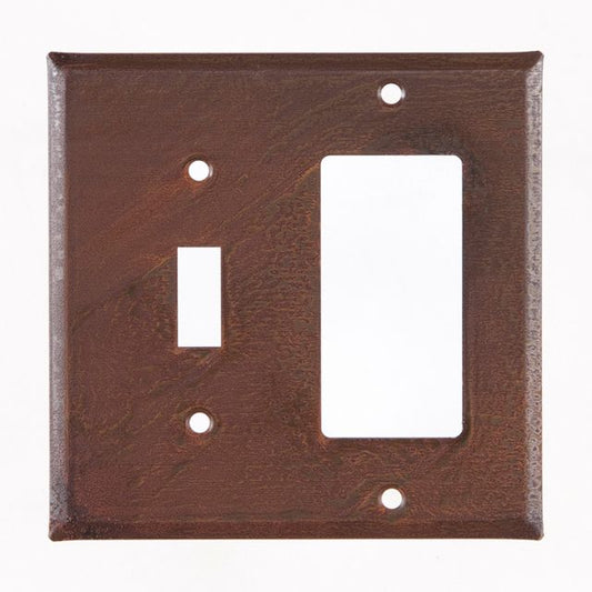 A rectangular rustic tin finish wall plate with a switch and rocker cutout, featuring a matte lacquer protective coating.