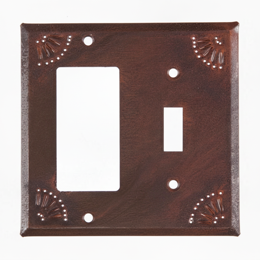 Decorative brown switch plate with cut-out for a single toggle and a single rocker switch on a white background.