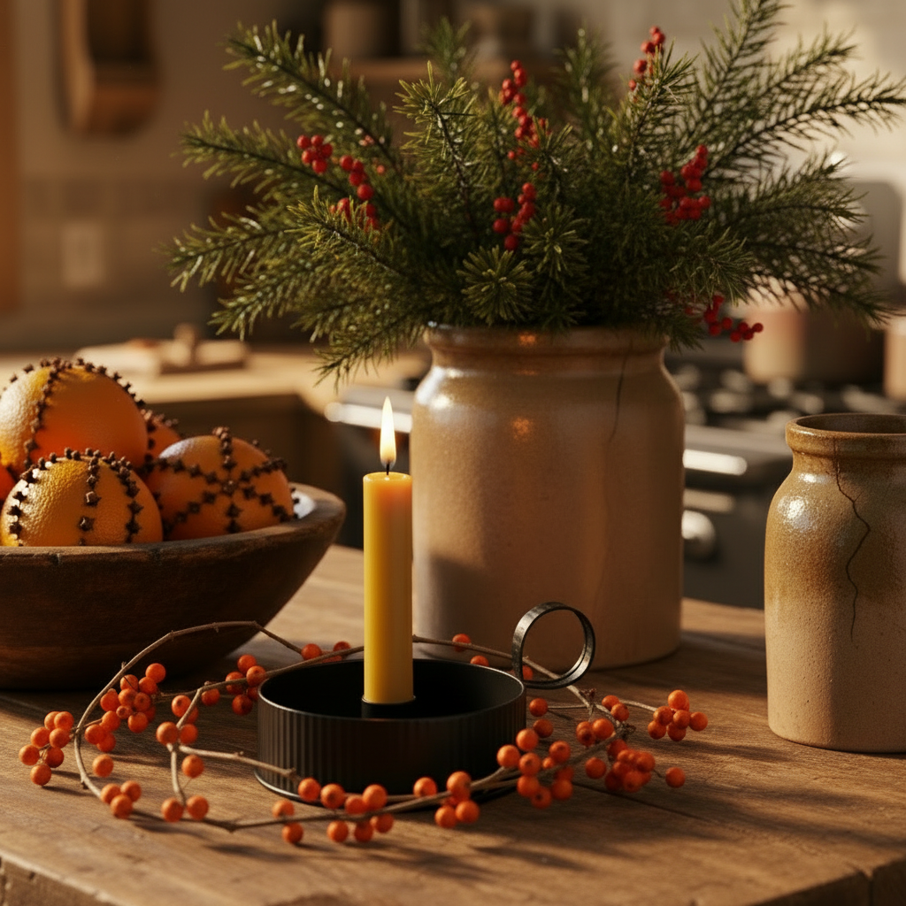 Decorative setup with candles, fruits, and plants on a wooden surface.