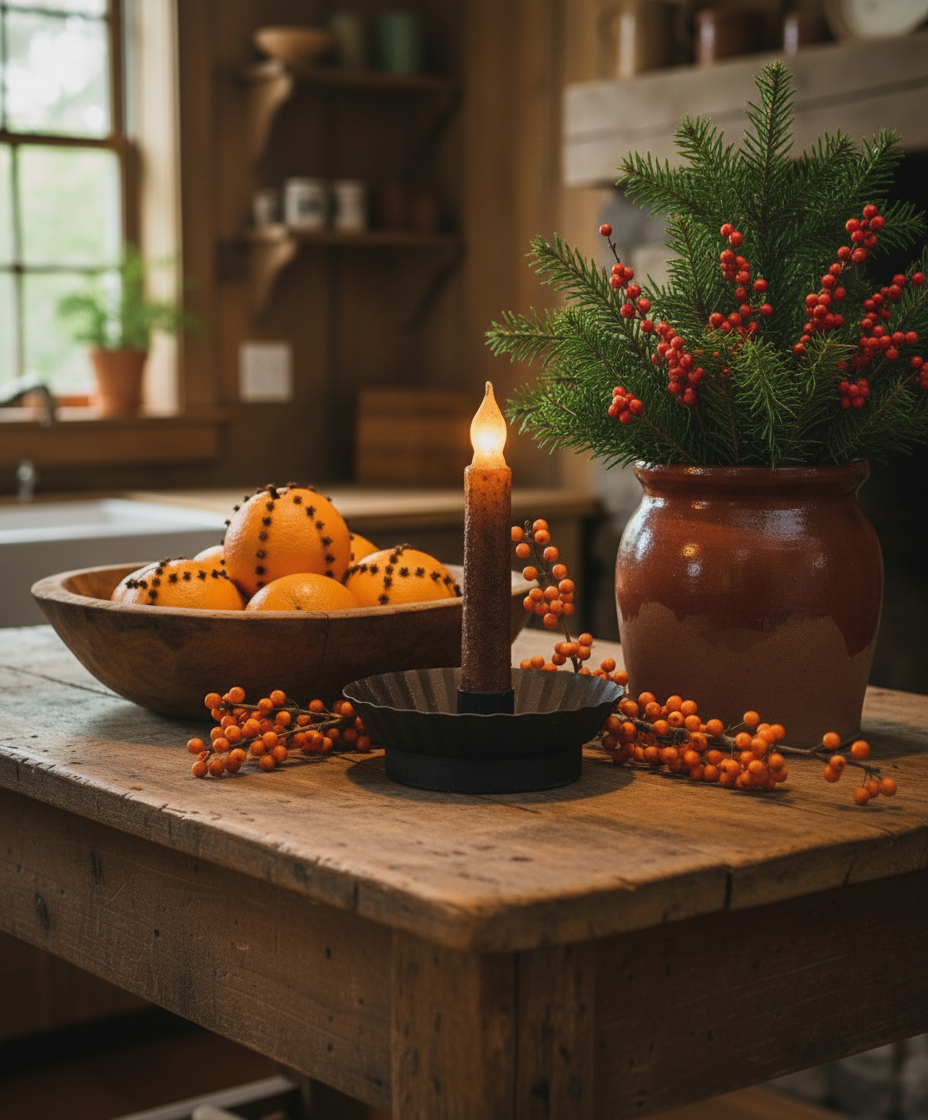 Decorative setup with a candle, bowl of oranges, and potted plant on a wooden table.