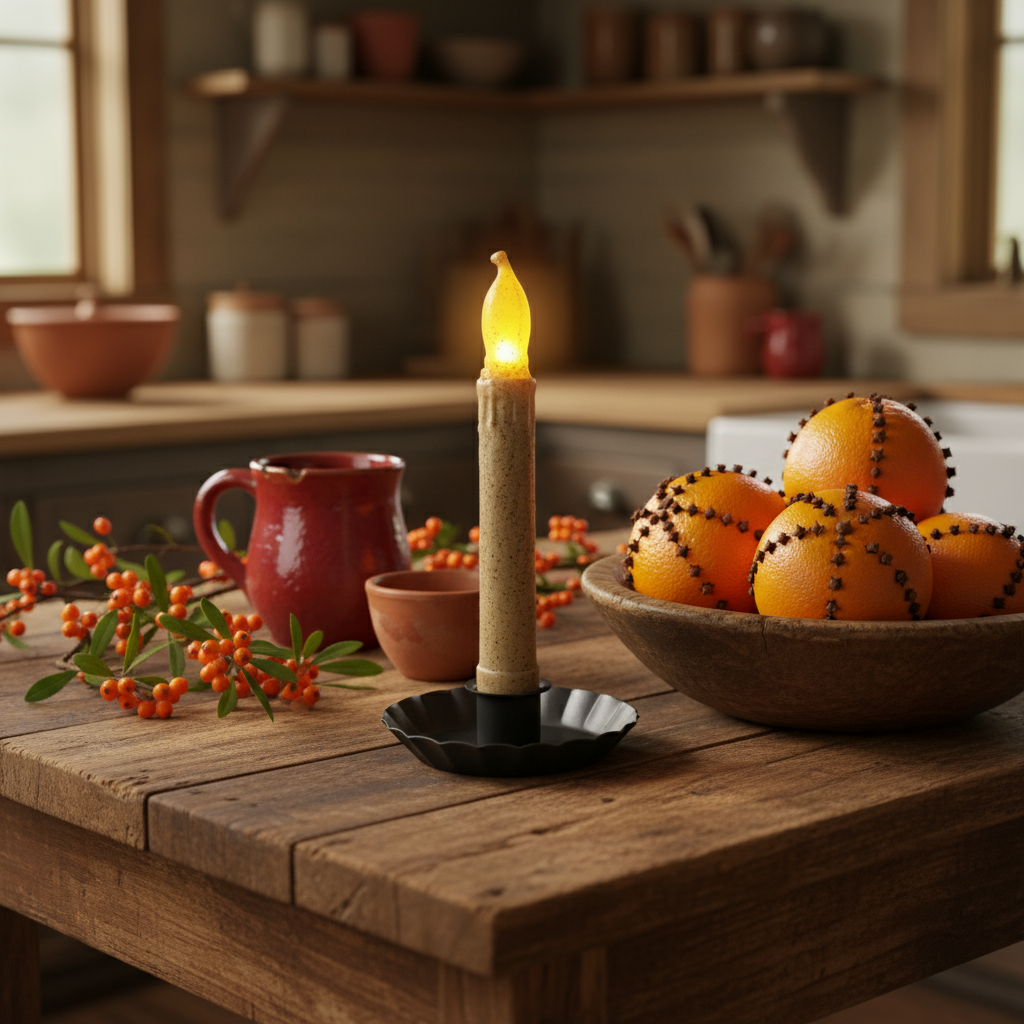 Candle on a wooden table with a bowl of oranges and a red mug in a kitchen setting.