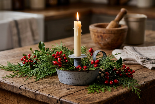Tapered pan candle holder in weathered zinc with fresh cedar greens and berries.