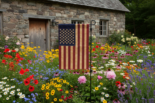 American flag garden flag in a field of colorful flowers with a stone building in the background