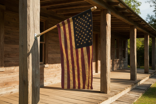 American flag hanging on a wooden porch of a log cabin.