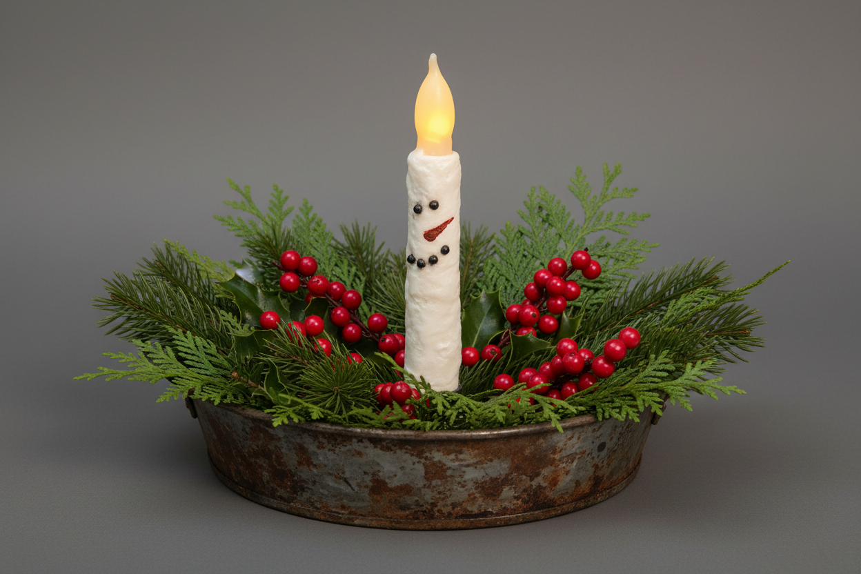 Decorative candle with snowman face in a bed of greenery and red berries on a gray background