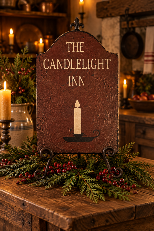A rustic wooden sign reading 'THE CANDLELIGHT INN' with a candle illustration, displayed on a table in a warmly lit holiday setting with candles, greenery, and red berries.