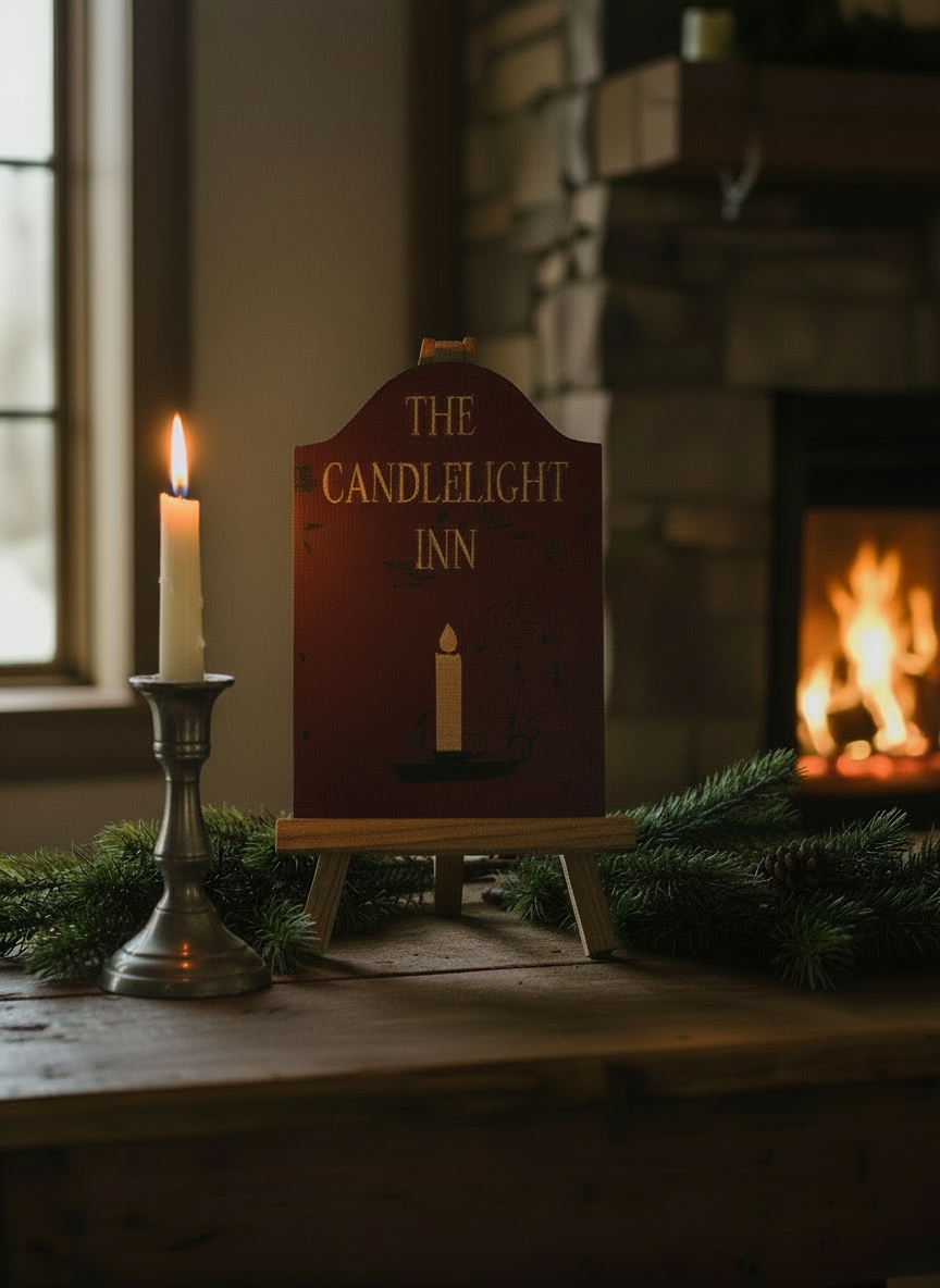 Decorative sign for 'The Candlelight Inn' with a candle and fireplace in the background.