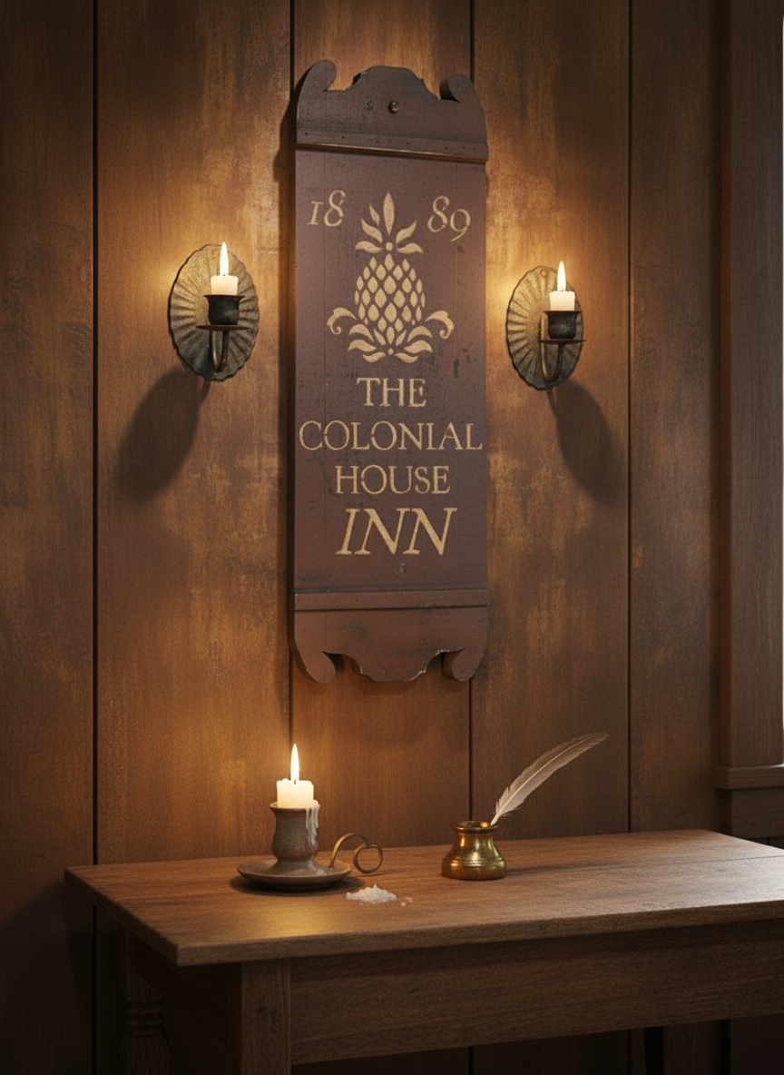 Wooden sign for 'The Colonial House Inn' on a wooden wall with candles and a quill.