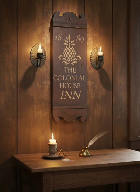 Wooden sign for 'The Colonial House Inn' on a wooden wall with candles and a quill.