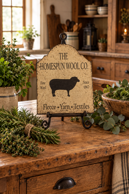 A decorative rustic sign reading 'THE HOMESPUN WOOL CO.' with a black sheep silhouette and the words 'Fine Wool Since 1867' and 'Fleece • Yarn • Textiles,' displayed on a wooden table in a styled kitchen setting.