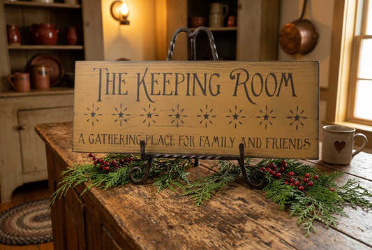 Wood sign that says the keeping room a gathering place for family and friends on wrought iron plate state with fresh cedar greens and berries.