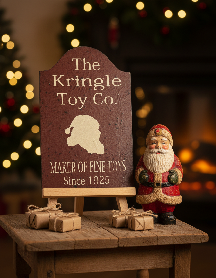 Decorative sign for 'The Kringle Toy Co.' with a Santa figure and Christmas lights in the background.