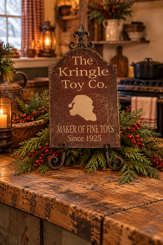 A rustic wooden sign reading 'The Kringle Toy Co. Maker of Fine Toys Since 1925' with a silhouette of Santa, displayed on a wooden counter in a cozy holiday kitchen setting with greenery and red berries.