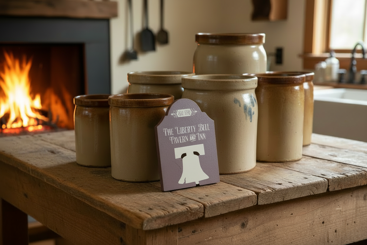 Decorative sign for 'The Liberty Bell Tavern and Inn' on a wooden table in a kitchen setting.