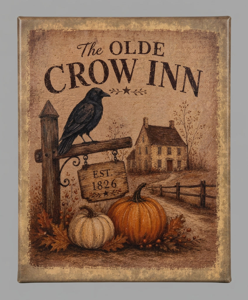 The Olde Crow Inn canvas print with a black crow perched on a wooden signpost, an Est. 1826 hanging sign, a stone farmhouse, and autumn pumpkins.