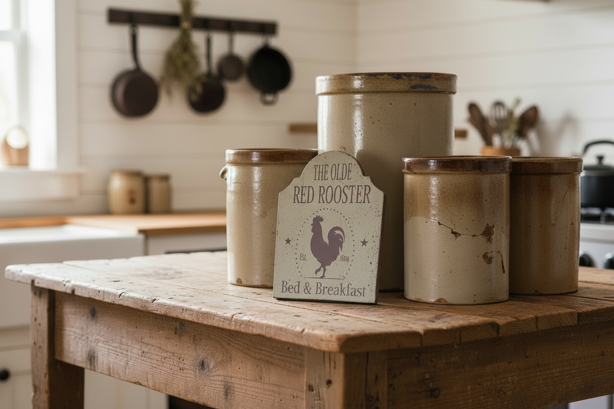 Decorative sign for 'The Olde Red Rooster Bed & Breakfast' on a wooden table with rustic kitchen items.