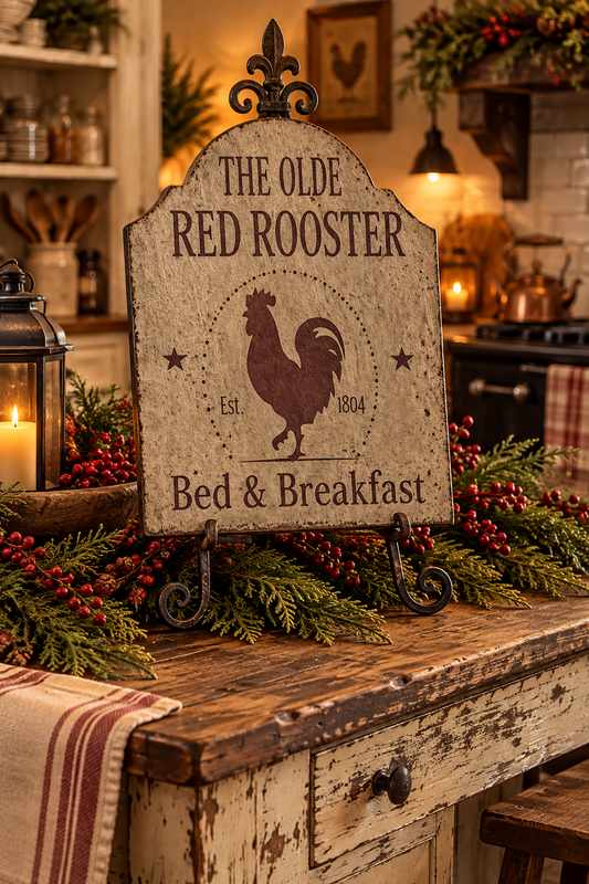 A rustic wooden sign reading 'THE OLDE RED ROOSTER Bed & Breakfast' with a rooster silhouette, displayed on a distressed wooden table in a warmly lit kitchen setting with holiday greenery and candles.