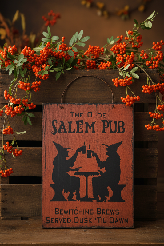 Wooden sign for 'The Olde Salem Pub' with two witches and berries on a wooden crate.