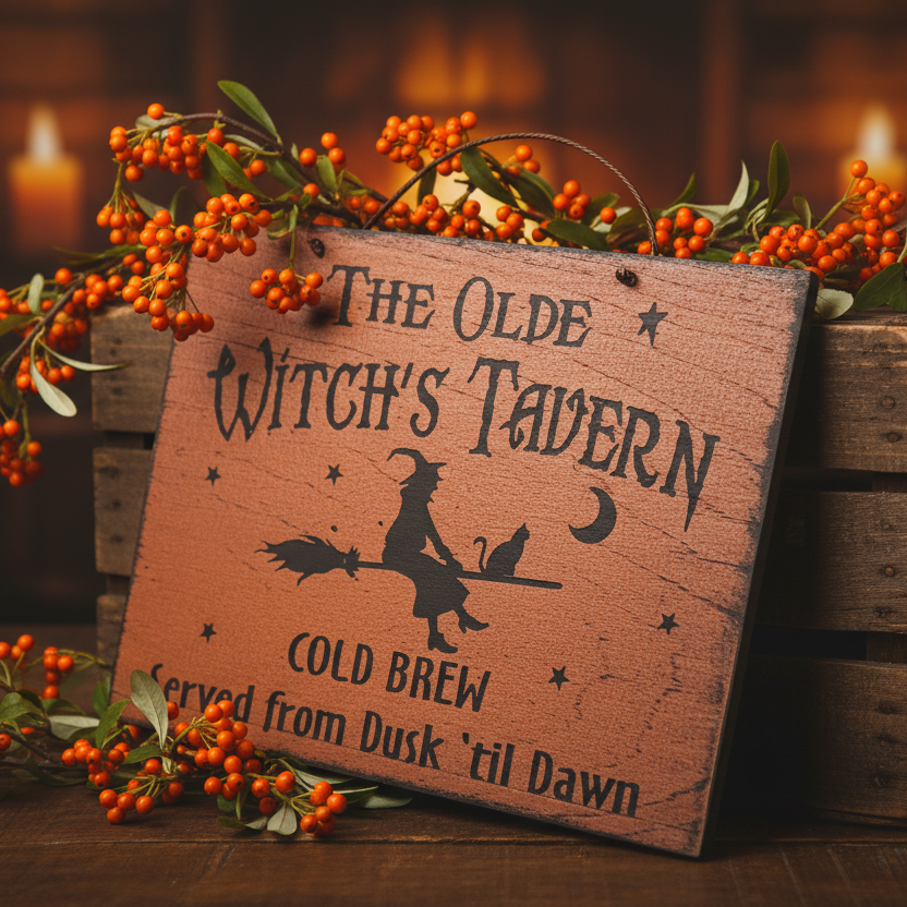 Wooden sign with 'The Olde Witch's Tavern' on a wooden crate with berries, against a warm background.