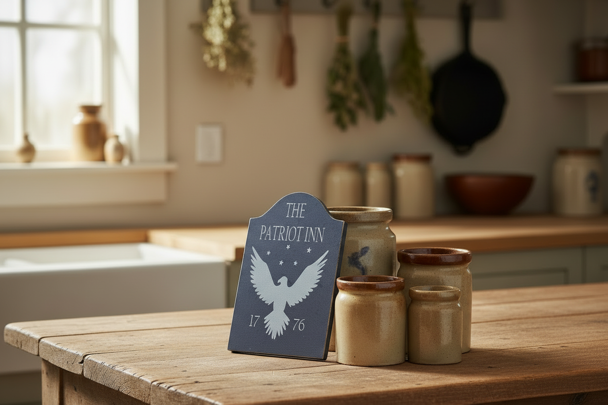Decorative sign with 'The Patriot Inn' and eagle emblem on a wooden table.
