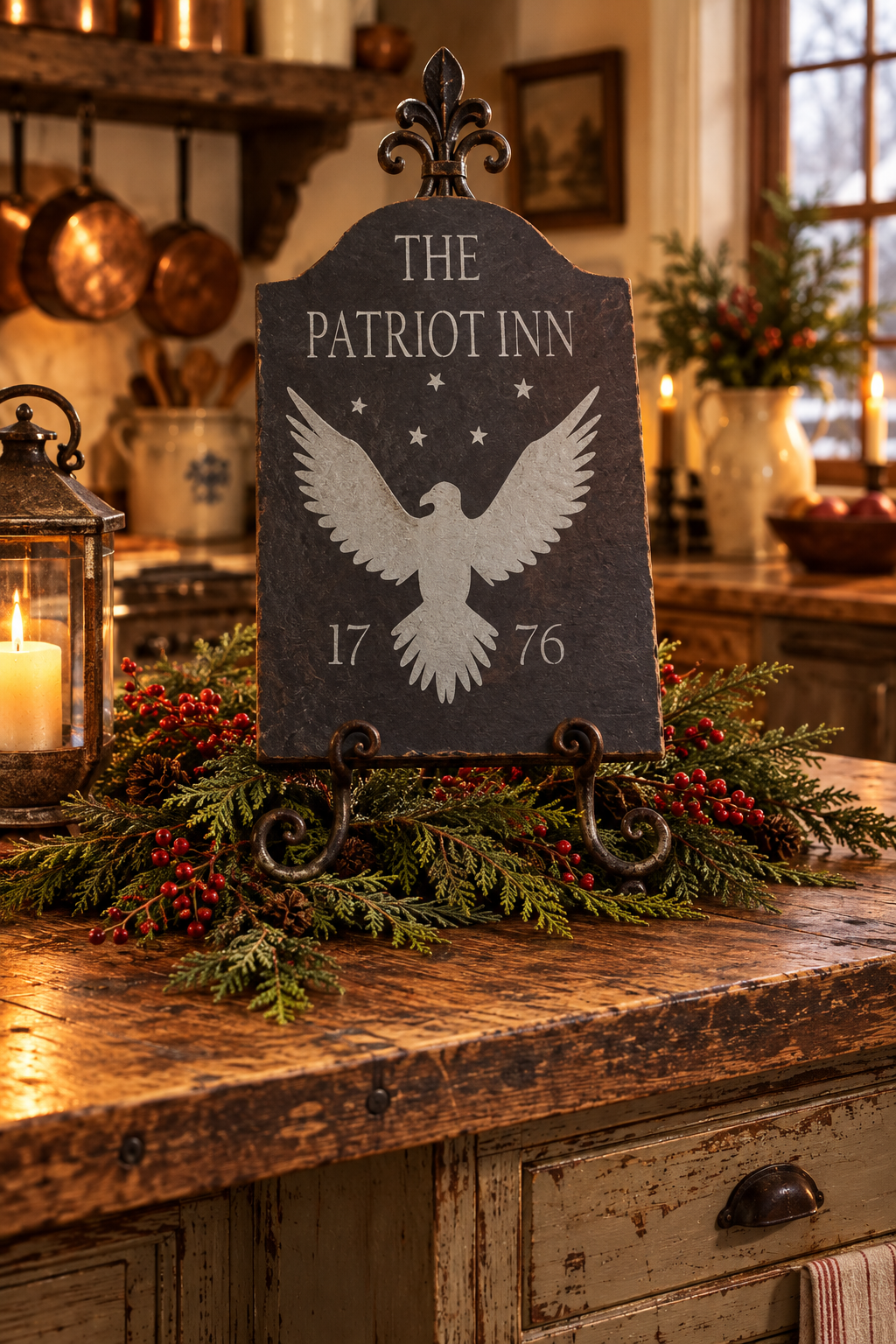 A rustic black stone sign reading 'THE PATRIOT INN 1776' with a white eagle design, displayed on a black metal easel stand on a wooden kitchen counter surrounded by greenery and a lit candle.