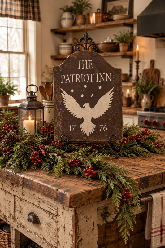 A rustic wooden sign reading 'THE PATRIOT INN' with an eagle illustration and '1776' stands on a table in a decorated kitchen setting with greenery, candles, and red berries.