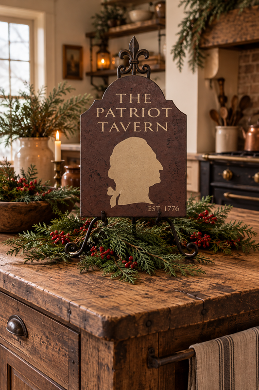 A rustic decorative sign reading 'THE PATRIOT TAVERN' with a silhouette profile and 'EST 1776' text, displayed on a black metal stand on a wooden kitchen island surrounded by greenery and red berries.