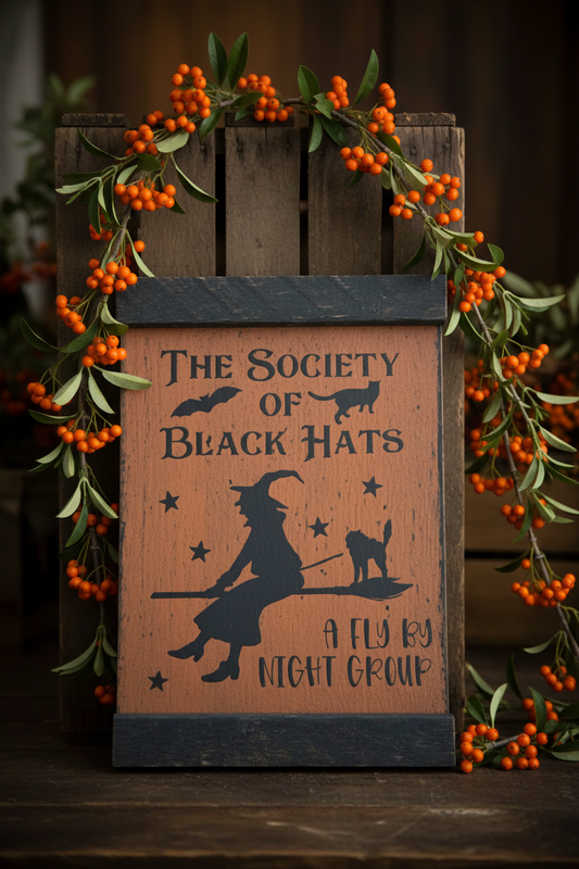 Wooden sign with Halloween-themed design and text, surrounded by orange berries and green leaves.