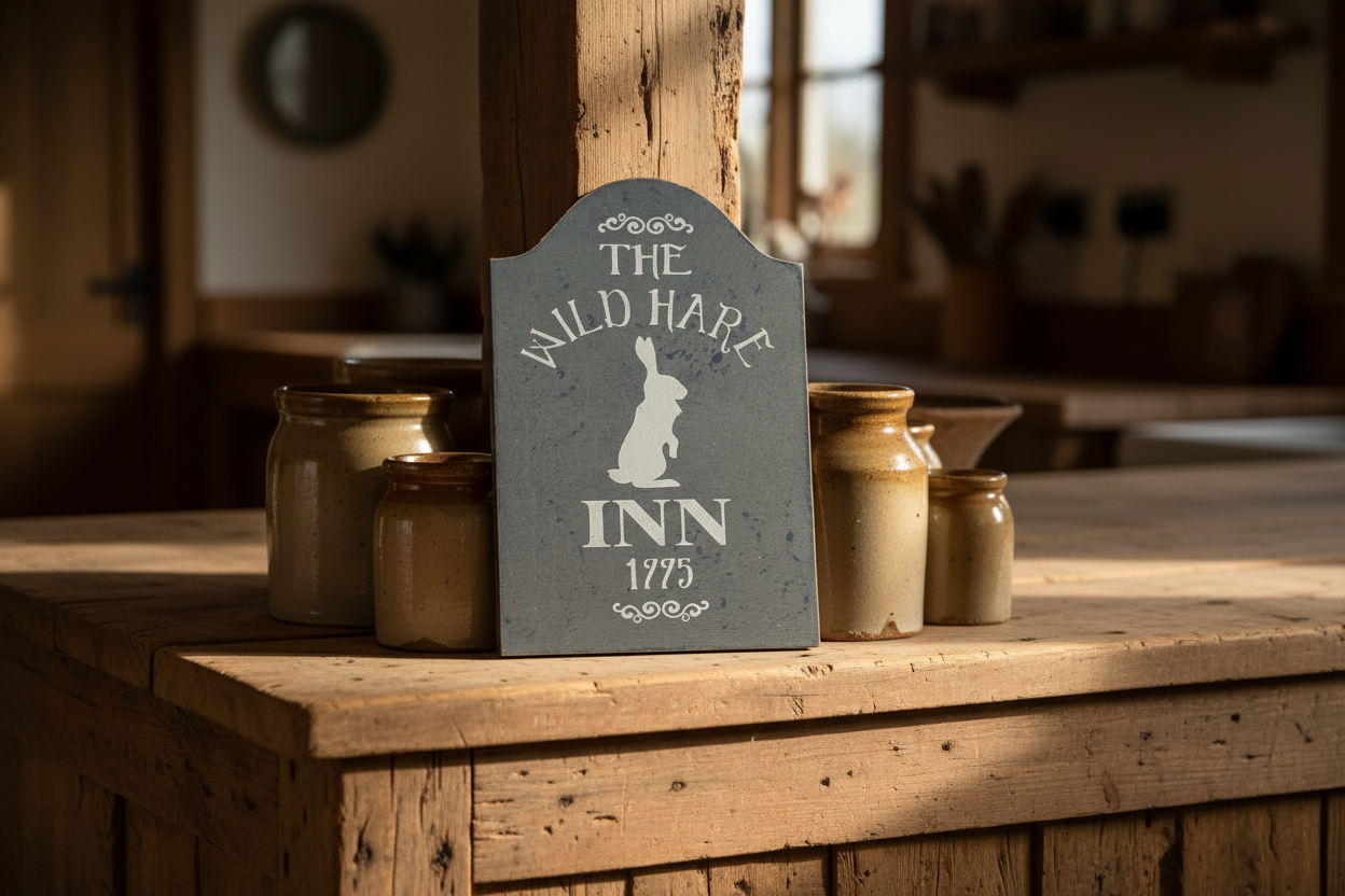 Decorative sign for 'The Wild Hare Inn' on a wooden surface with jars in a rustic setting.