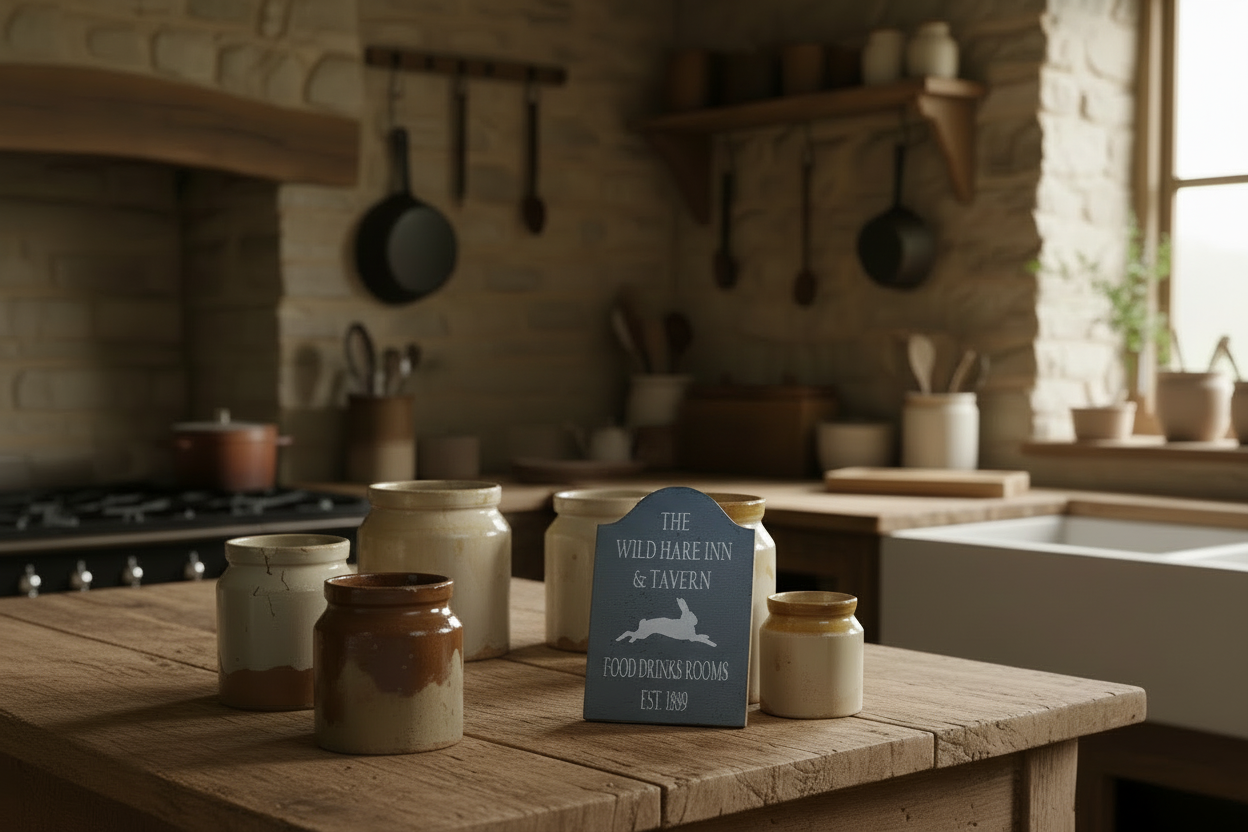 Decorative sign for 'The Wild Hare Inn & Tavern' on a rustic wooden table in a kitchen setting.