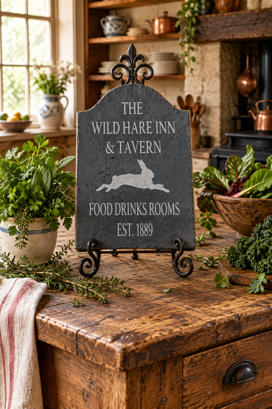 A decorative black slate sign on a small black metal easel stand, featuring white engraved text that reads 'THE WILD HARE INN & TAVERN', a rabbit silhouette, and 'FOOD DRINKS ROOMS EST. 1889'.