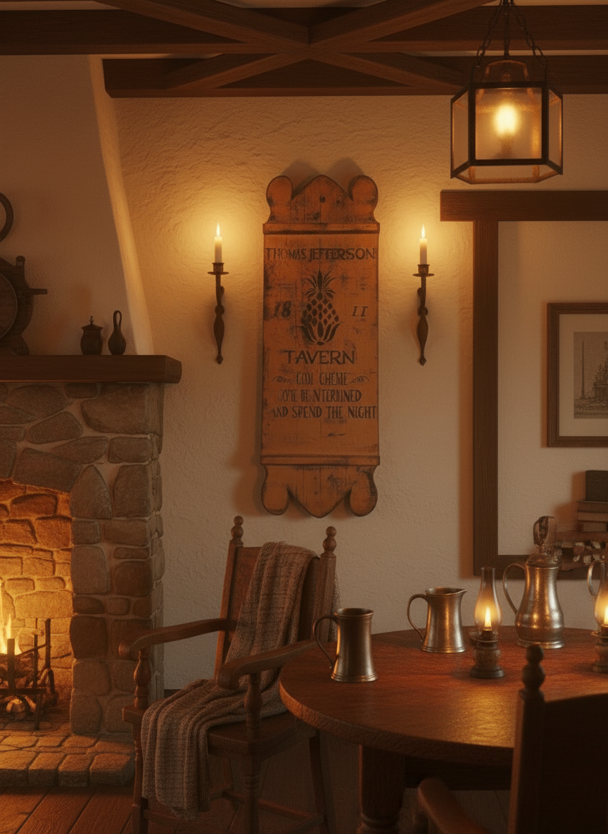 Cozy interior of a tavern with stone fireplace, wooden table, and wall-mounted sign.