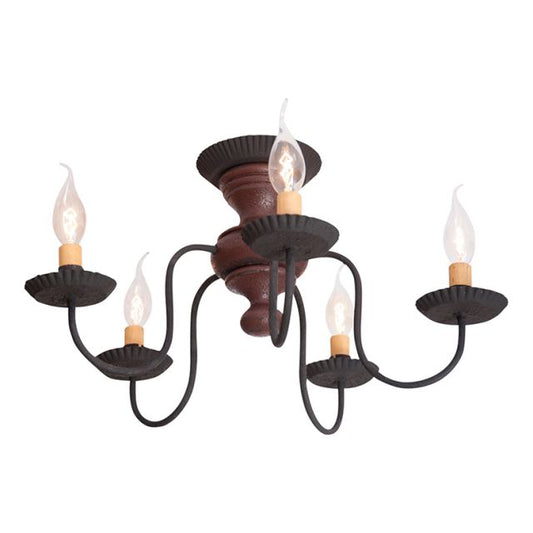 A ceiling-mounted light fixture with five arms, each holding a candle-style bulb, in a textured red and black color scheme.