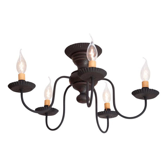 A black ceiling-mounted light fixture with five arms and multiple bulb holders, featuring a textured black finish and crimped pans.