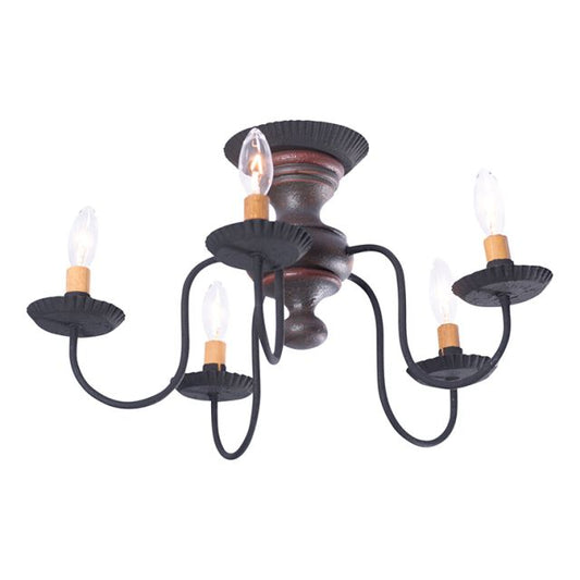 A ceiling-mounted light fixture with five arms, featuring textured black arms with crimped pans and a central espresso-colored striped body. It has multiple E12/Candelabra sockets.