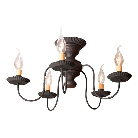 A traditional ceiling-mounted lighting fixture with black arms and a distressed finish, featuring five candle-like lights.